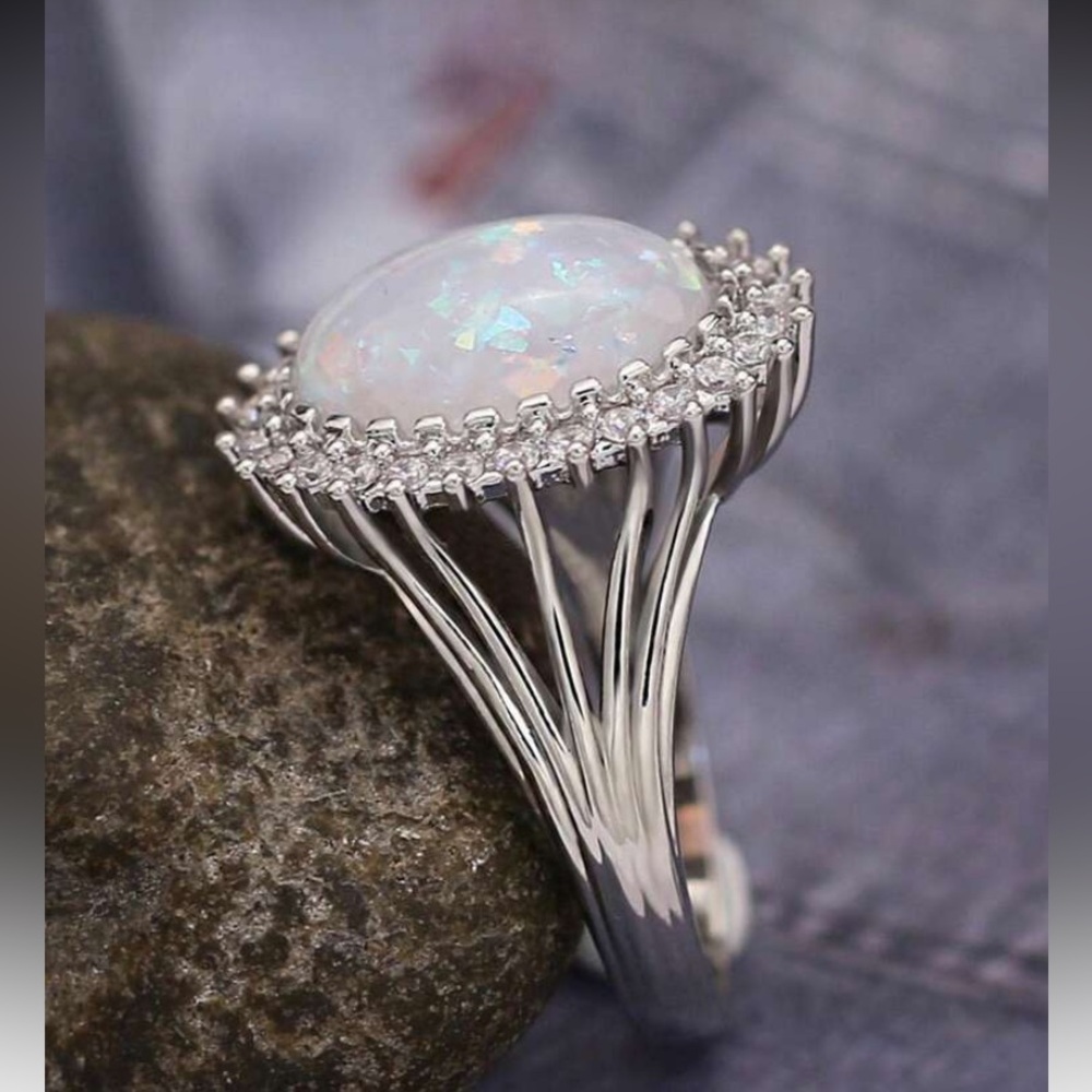 Stunning Oval Sunburst Simulated Opal and Diamond Halo Statement Ring - Picture 6 of 7
